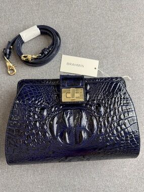 Brahmin Alena Croc Embossed Blue Leather Crossbody Bag New